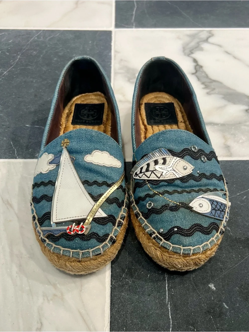 Tory Burch Blue Denim Nautical Espadrilles with Sailboat & Fish Appliqué